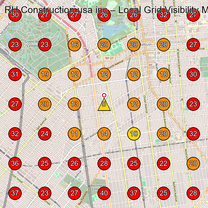 RH Construction usa inc GeoGrid visibility map for Roofing Contractor in Brooklyn